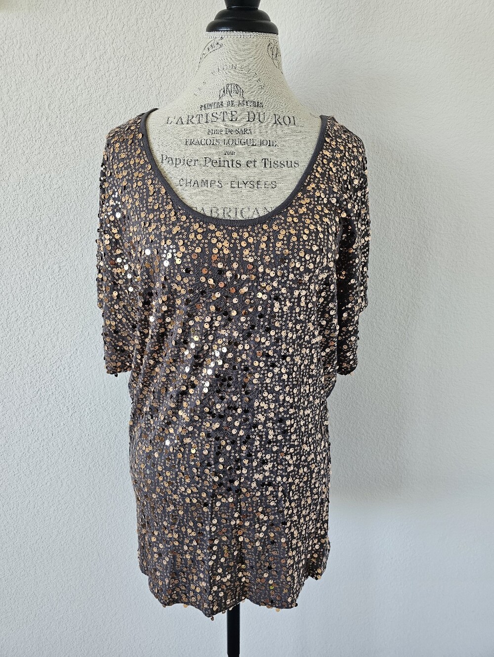 Remain Taupe Gray Sequin Batwing Blouse - 100% Viscose - Glam Party Top